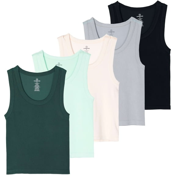 Real Essentials 5 Pack: Women's Seamless Ribbed Sleeveless Cropped Scoop Neck Tank Top - Casual Crop Top