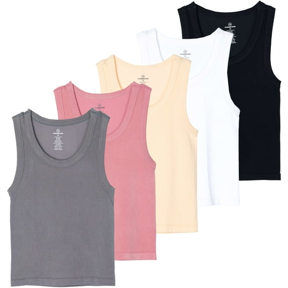 Real Essentials 5 Pack: Women's Seamless Ribbed Sleeveless Cropped Scoop Neck Tank Top - Casual Crop Top