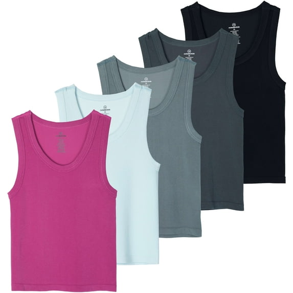 Real Essentials 5 Pack: Women's Seamless Ribbed Sleeveless Cropped Scoop Neck Tank Top - Casual Crop Top