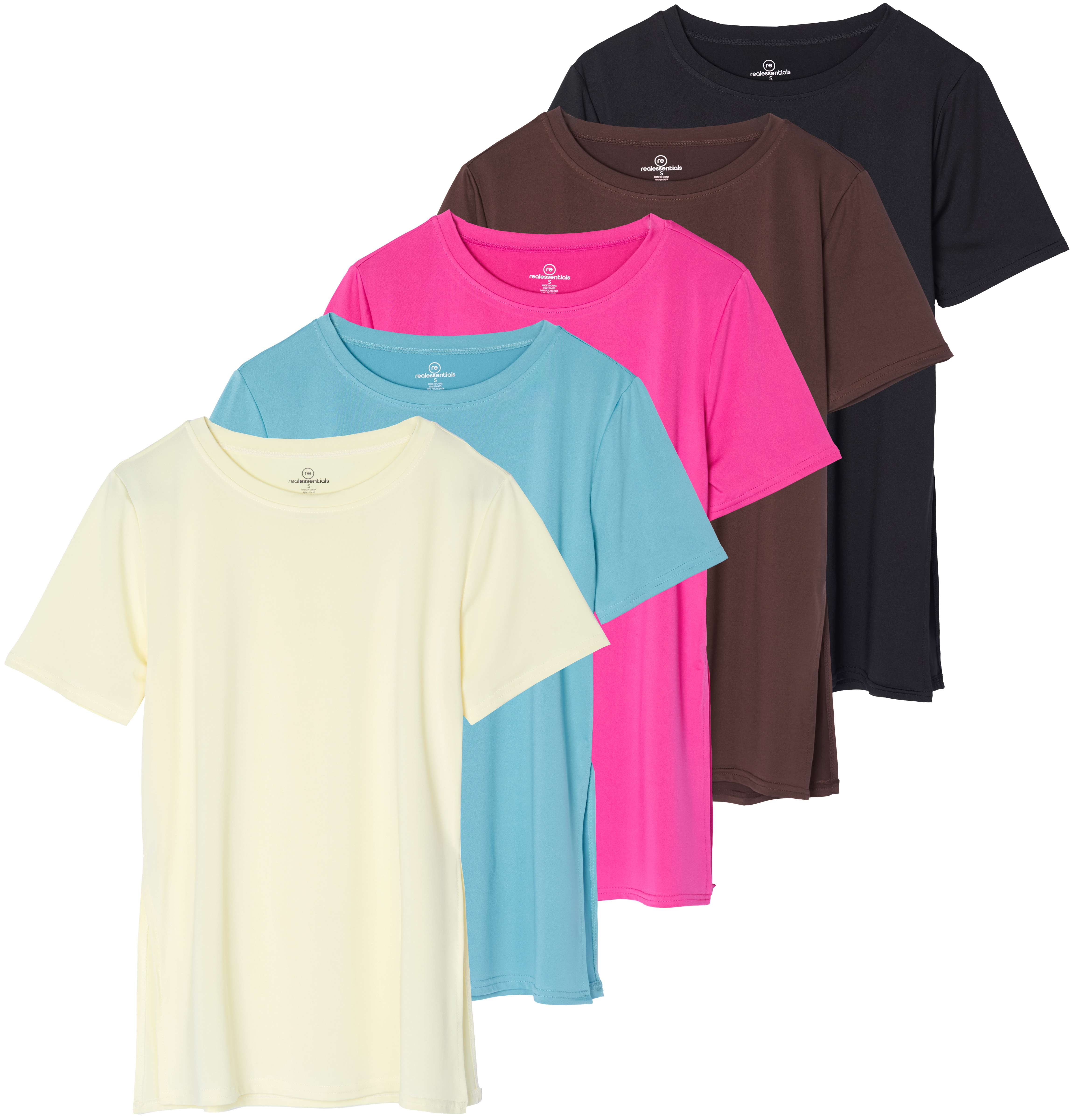 Real Essentials 5 Pack: Women's Short Sleeve Active Workout T-Shirts - Dry Fit Gym Tops with Split Hem (Plus Sizes)