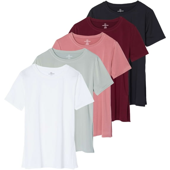 Real Essentials 5 Pack: Women's Short Sleeve Active Workout T-Shirts - Dry Fit Gym Tops with Split Hem (Plus Sizes)