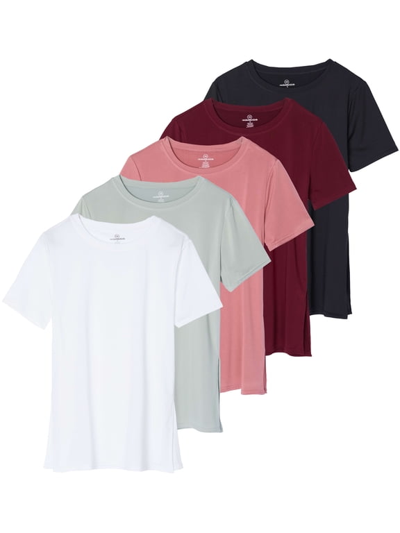 5 Pack: Women's Short Sleeve Active Workout T-Shirts - Dry Fit Gym Tops with Split Hem (Plus Sizes)