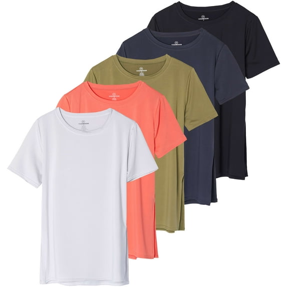 Real Essentials 5 Pack: Women's Short Sleeve Active Workout T-Shirts - Dry Fit Gym Tops with Split Hem (Plus Sizes)