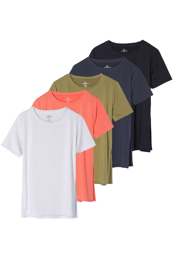 5 Pack: Women's Short Sleeve Active Workout T-Shirts - Dry Fit Gym Tops with Split Hem (Plus Sizes)