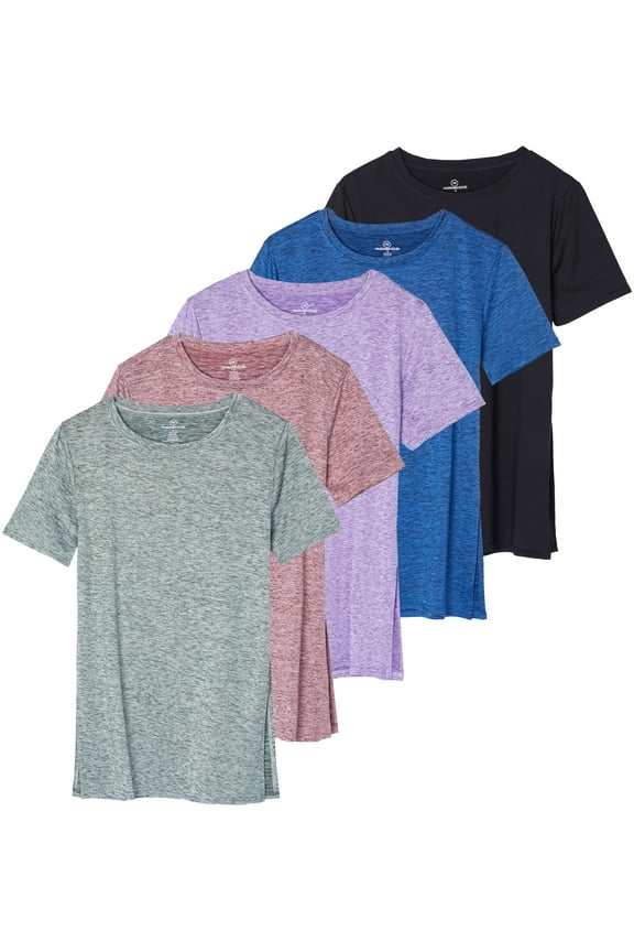 5 Pack: Women's Short Sleeve Active Workout T-Shirts - Dry Fit Gym Tops with Split Hem (Plus Sizes)
