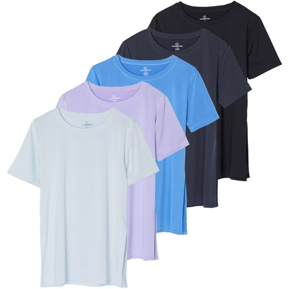 Real Essentials 5 Pack: Women's Short Sleeve Active Workout T-Shirts - Dry Fit Gym Tops with Split Hem (Plus Sizes)