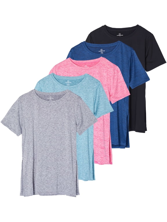 5 Pack: Women's Short Sleeve Active Workout T-Shirts - Dry Fit Gym Tops with Split Hem (Plus Sizes)