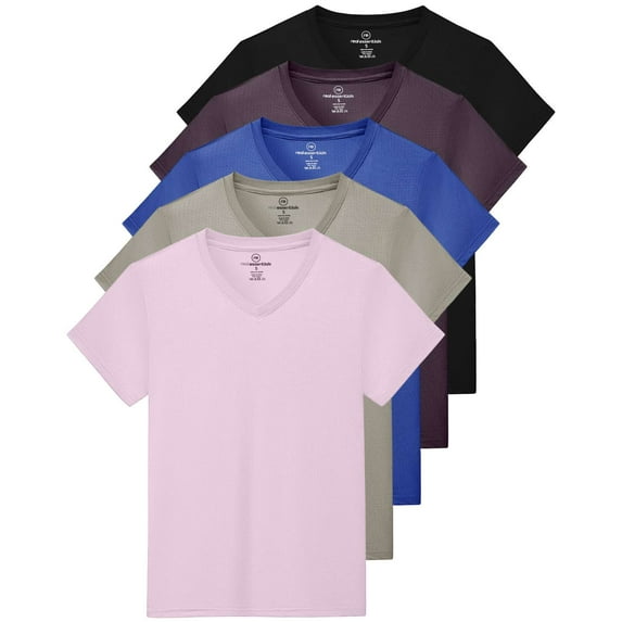 Real Essentials 5 Pack: Women's Short Sleeve Breeze Tech V-Neck T Shirt –Workout Top Wicking Dry Fit Athletic Tee (Plus)