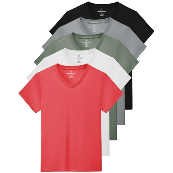 Real Essentials 5 Pack: Women's Short Sleeve Breeze Tech V-Neck T Shirt –Workout Top Wicking Dry Fit Athletic Tee (Plus)