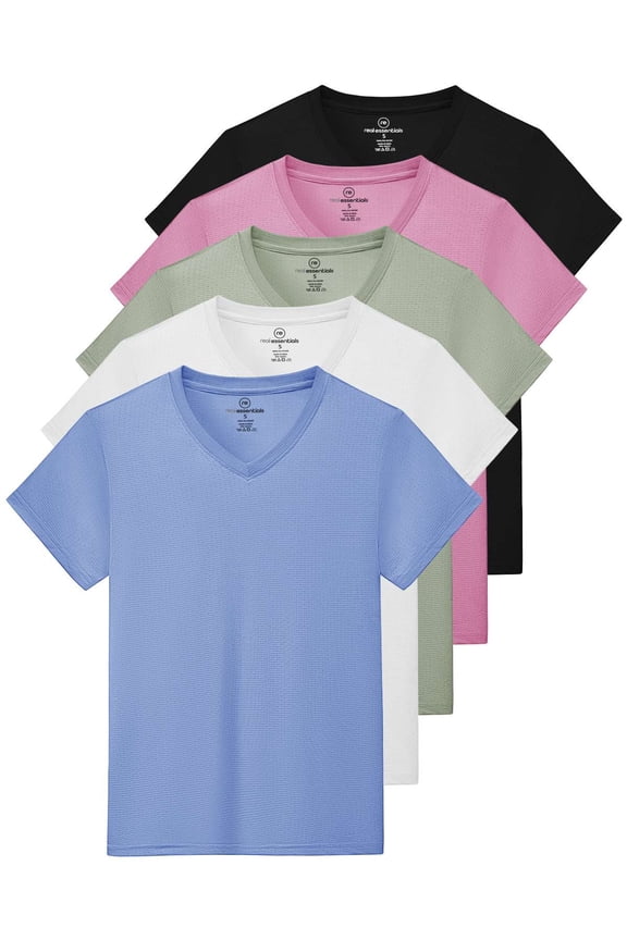 5 Pack: Women's Short Sleeve Breeze Tech V-Neck T Shirt –Workout Top Wicking Dry Fit Athletic Tee (Plus)