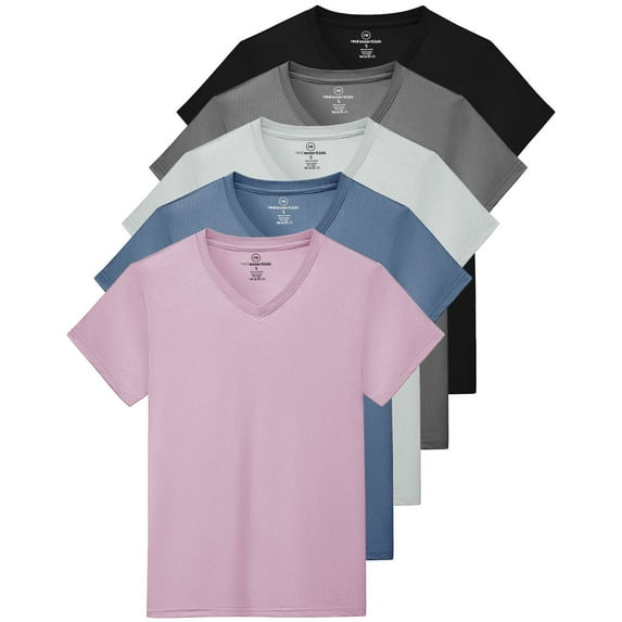 Real Essentials 5 Pack: Women's Short Sleeve Breeze Tech V-Neck T Shirt –Workout Top Wicking Dry Fit Athletic Tee (Plus)