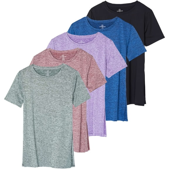 Real Essentials 5 Pack: Women's Short Sleeve Active Workout T-Shirts - Dry Fit Gym Tops with Split Hem (Plus Sizes)