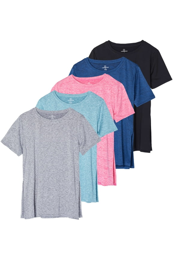 5 Pack: Women's Short Sleeve Active Workout T-Shirts - Dry Fit Gym Tops with Split Hem (Plus Sizes)