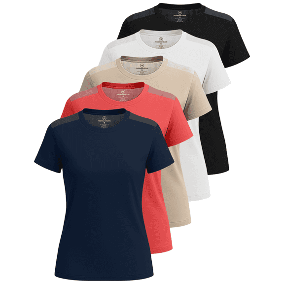Real Essentials 5 Pack: Women's Short Sleeve Mesh Insert T-Shirts Athletic Tops Gym Workout Yoga Tennis Activewear (Plus)