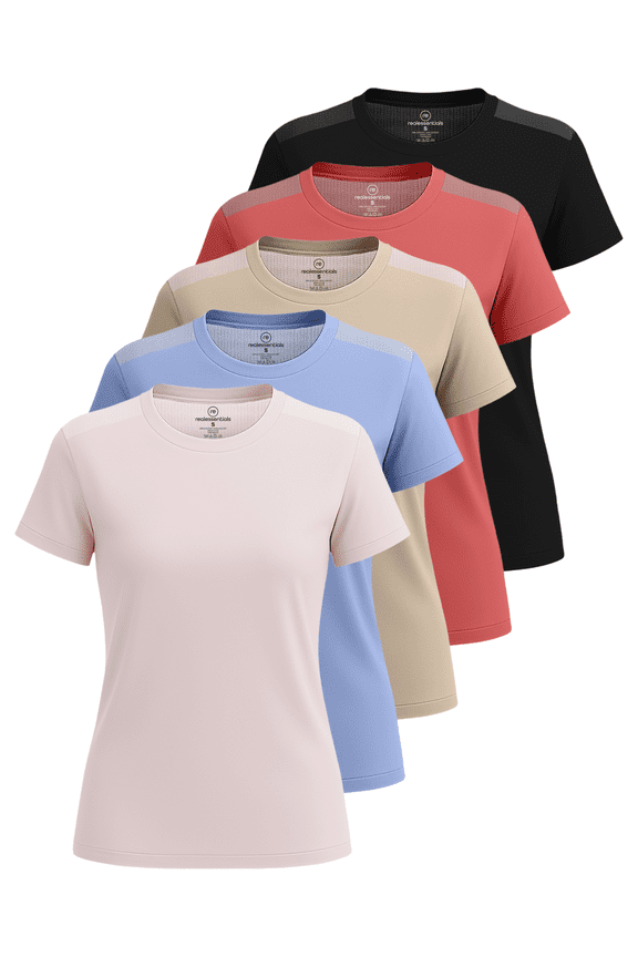 5 Pack: Women's Short Sleeve Mesh Insert T-Shirts Athletic Tops Gym Workout Yoga Tennis Activewear (Plus)