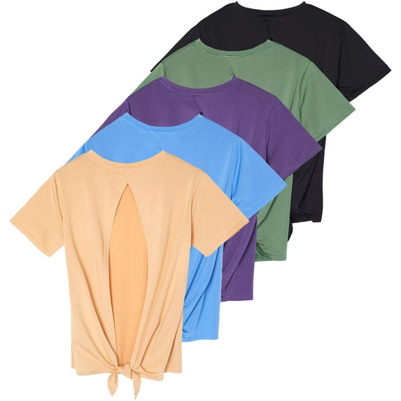 Real Essentials 5 Pack: Women's Short Sleeve Open Back Tie Back Dry-Fit T-Shirt Yoga Gym Workout Top