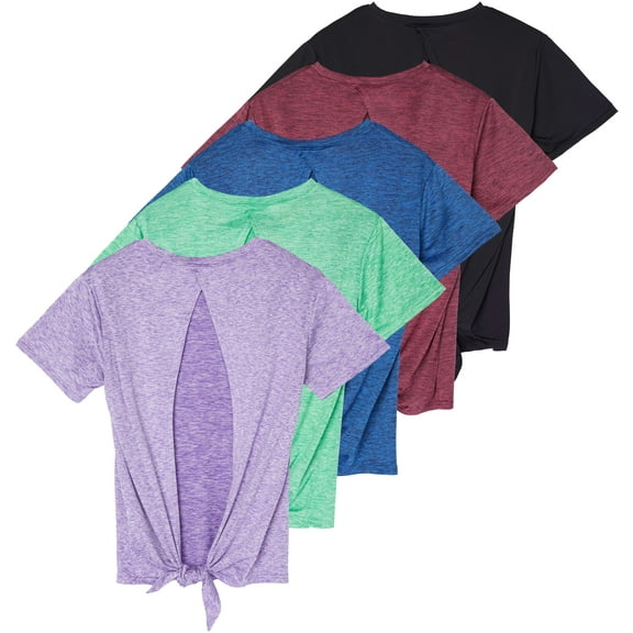 Real Essentials 5 Pack: Women's Short Sleeve Open Back Tie Back Dry-Fit T-Shirt Yoga Gym Workout Top