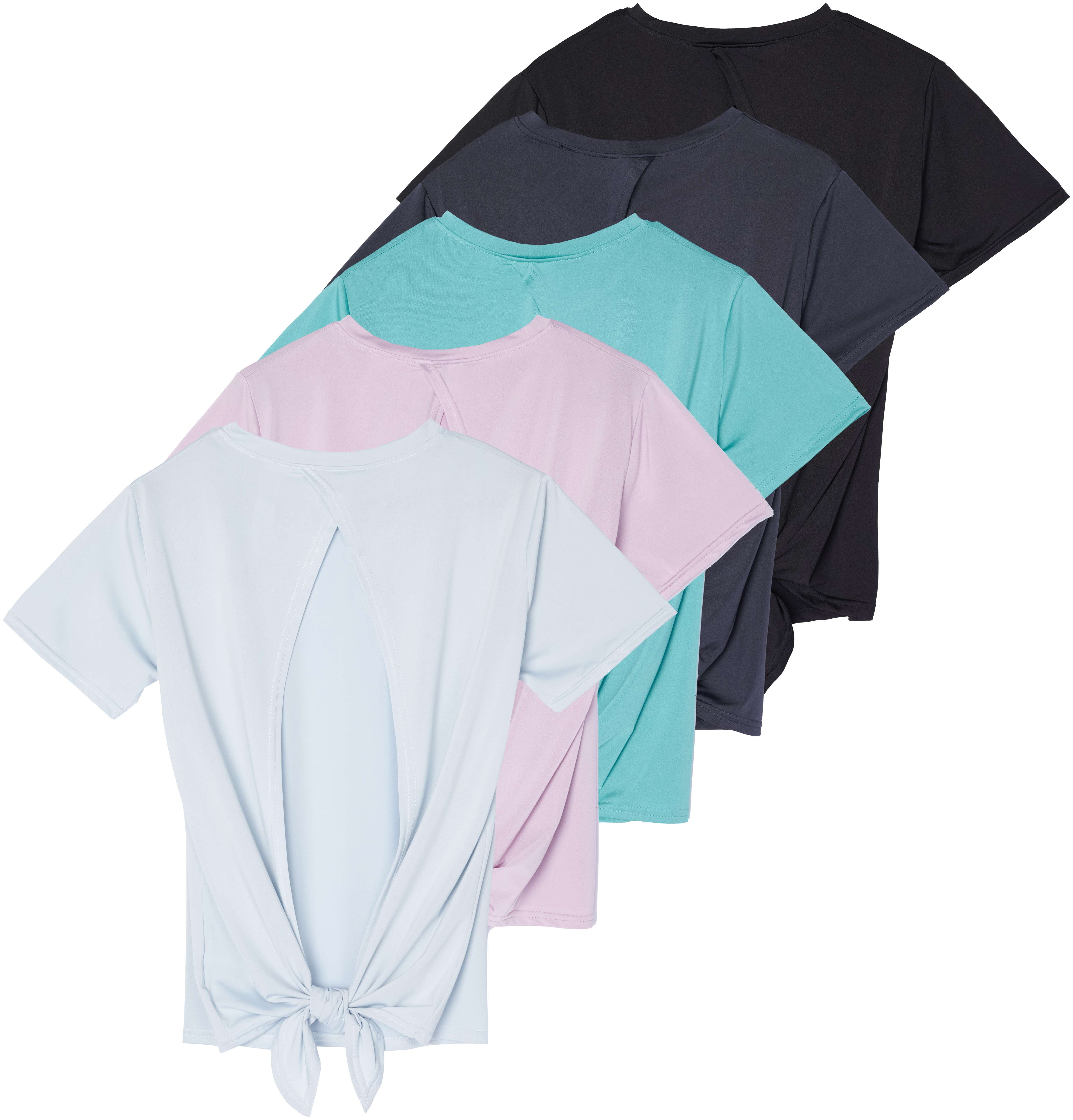 Real Essentials Workout Real Essentials 5 Pack: Women's Short Sleeve Open Back Tie Back Dry-Fit ...