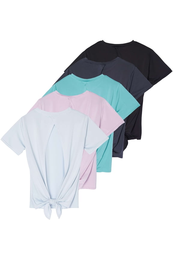 5 Pack: Women's Short Sleeve Open Back Tie Back Dry-Fit T-Shirt Yoga Gym Workout Top