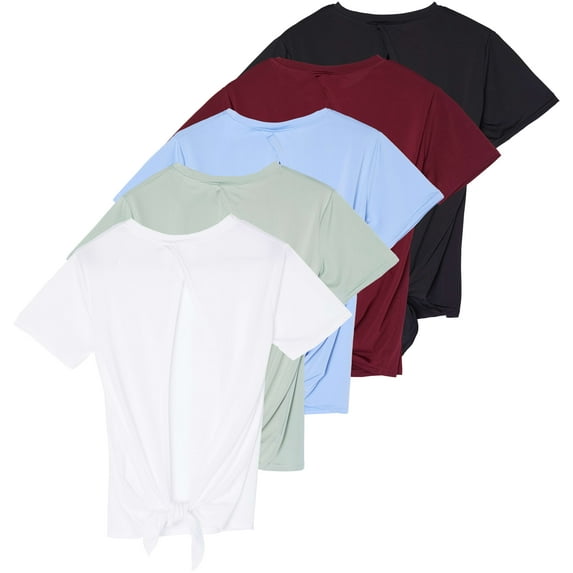 Real Essentials 5 Pack: Women's Short Sleeve Open Back Tie Back Dry-Fit T-Shirt Yoga Gym Workout Top