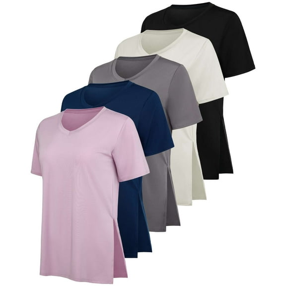 Real Essentials 5 Pack: Women's Short Sleeve Split Hem V-Neck T-Shirts, Athletic Tops, Gym, Workout, Yoga, Activewear (Plus)