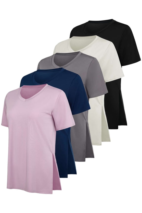 5 Pack: Women's Short Sleeve Split Hem V-Neck T-Shirts, Athletic Tops, Gym, Workout, Yoga, Activewear (Plus)