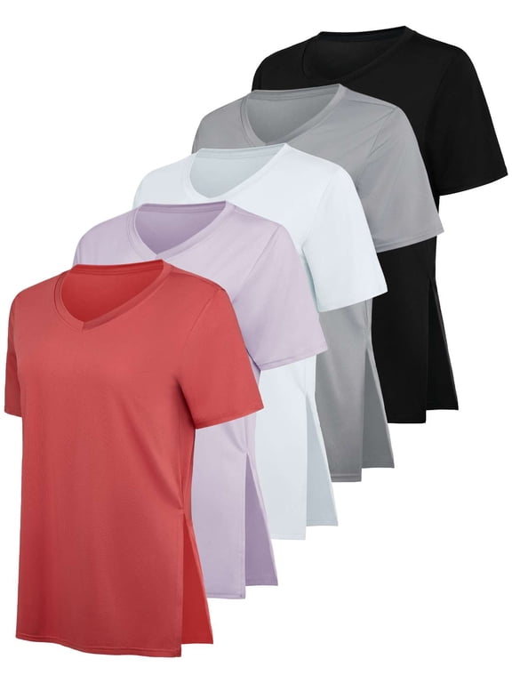 5 Pack: Women's Short Sleeve Split Hem V-Neck T-Shirts, Athletic Tops, Gym, Workout, Yoga, Activewear (Plus)