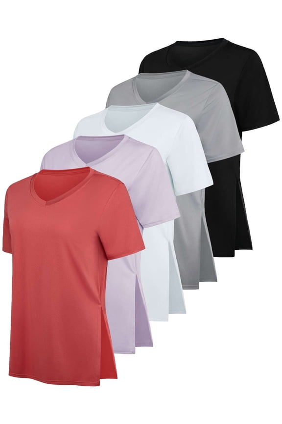 5 Pack: Women's Short Sleeve Split Hem V-Neck T-Shirts, Athletic Tops, Gym, Workout, Yoga, Activewear (Plus)
