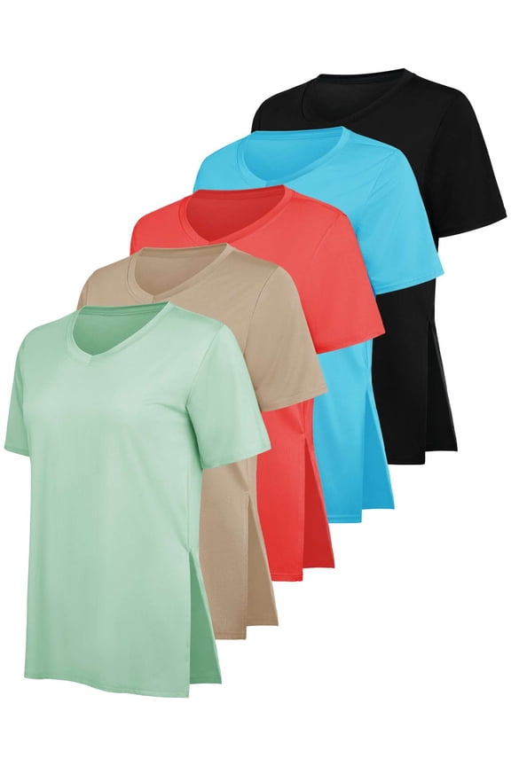 5 Pack: Women's Short Sleeve Split Hem V-Neck T-Shirts, Athletic Tops, Gym, Workout, Yoga, Activewear (Plus)