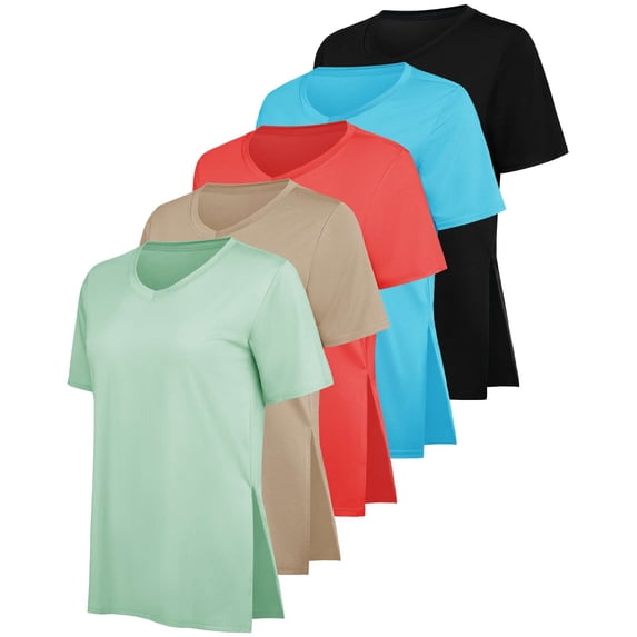 Real Essentials 5 Pack: Women's Short Sleeve Split Hem V-Neck T-Shirts, Athletic Tops, Gym, Workout, Yoga, Activewear (Plus)