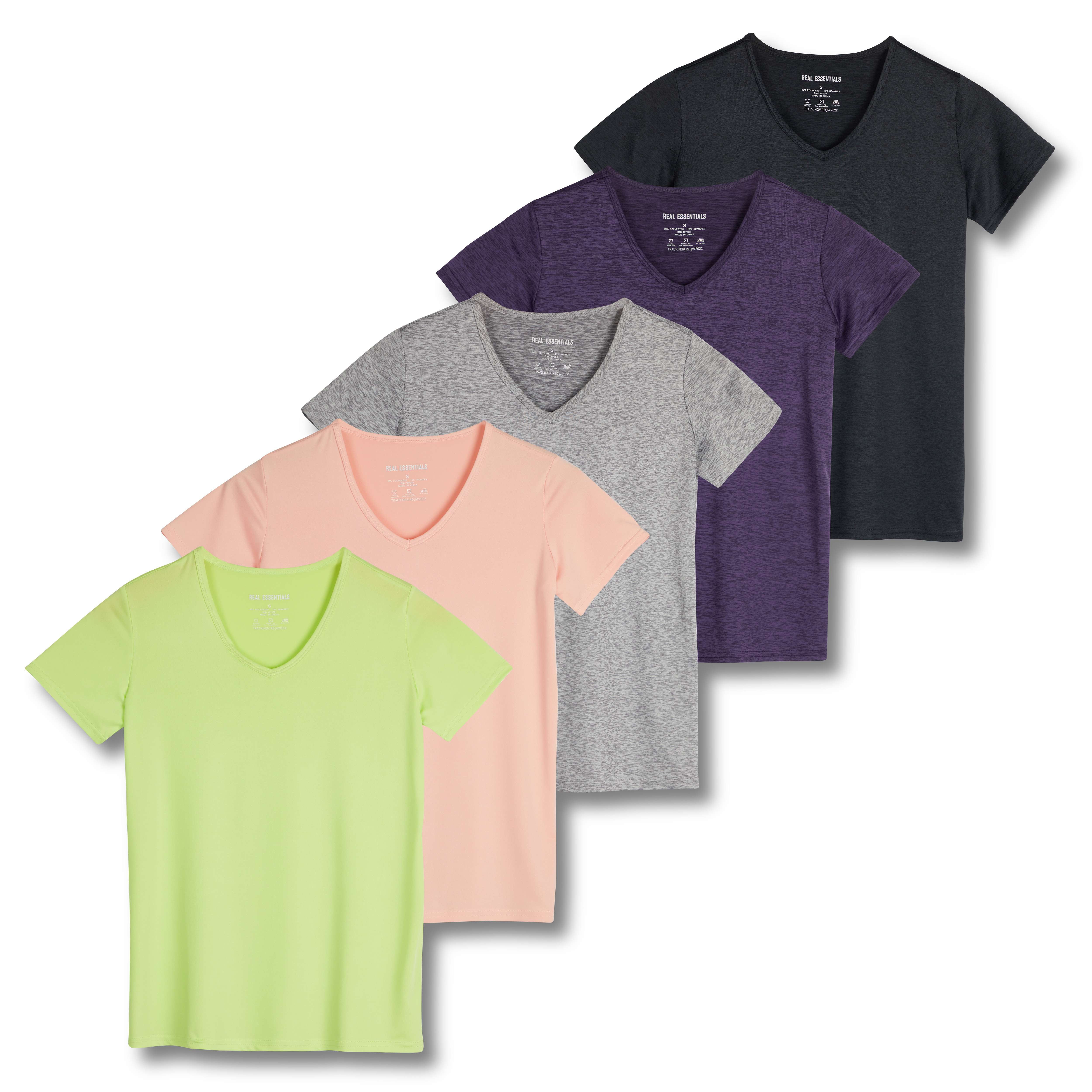 Real Essentials Workout Real Essentials 5 Pack: Women's Dry Fit Short Sleeve V Neck Workout Top ...