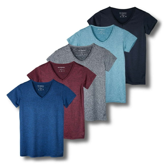 Real Essentials 5 Pack: Women's Short Sleeve V-Neck Activewear T-Shirt Dry-Fit Wicking Yoga Top (Available in Plus)