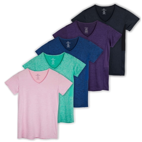 Real Essentials 5 Pack: Women's Dry Fit Short Sleeve V Neck Workout Top - Fitness Gym Athletic Yoga T-Shirt (Plus Available)