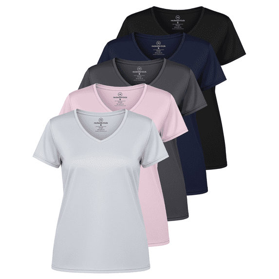 Real Essentials 5 Pack: Women's Dry Fit Short Sleeve V Neck Workout Top - Fitness Gym Athletic Yoga T-Shirt (Plus Available)