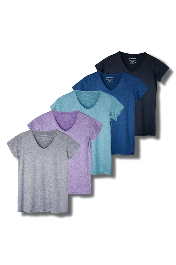 5 Pack: Women's Short Sleeve V-Neck Activewear T-Shirt Dry-Fit Wicking Yoga Top (Available in Plus)