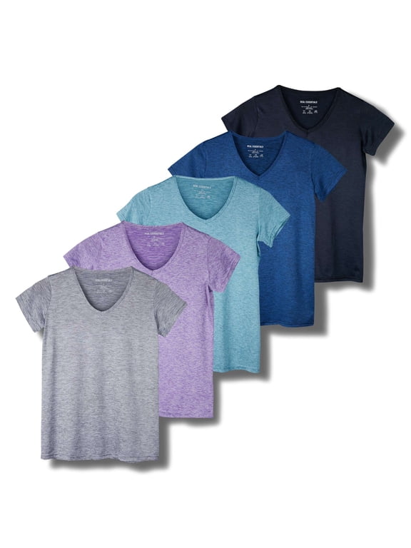 5 Pack: Women's Short Sleeve V-Neck Activewear T-Shirt Dry-Fit Wicking Yoga Top (Available in Plus)