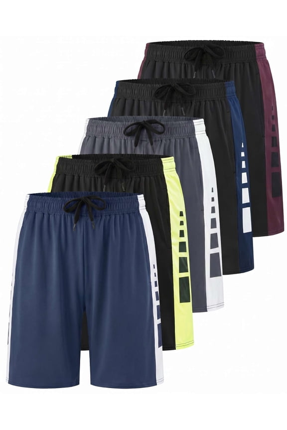 5 Pack: Boys' Dry Fit Basketball Shorts for Youth Kids Teens - Athletic Running Soccer Sports with Pockets