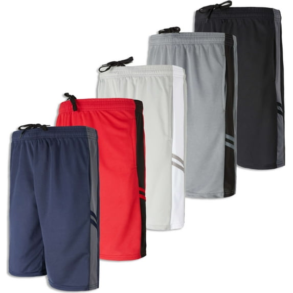 Real Essentials Boys' 5-Pack Mesh Active Athletic Performance Basketball Shorts With Pockets