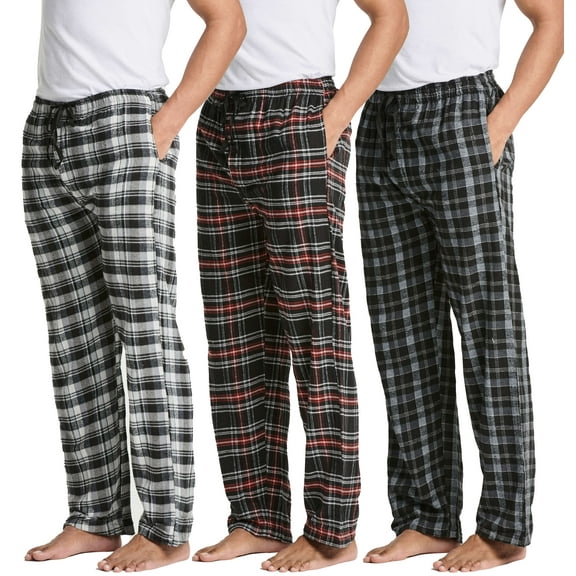 Real Essentials 3 Pack: Men's Pajama Pants - Knit Cotton Flannel Plaid Lounge Bottoms- Button Fly (Available In Big & Tall)