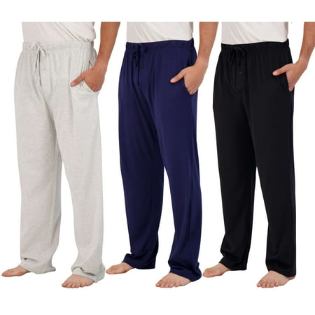 Real Essentials 3 Pack: Men's Pajama Pants - Knit Cotton Flannel Plaid Lounge Bottoms- Button Fly (Available In Big & Tall)