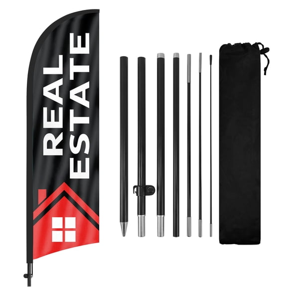 Real Estate Advertising Feather Flags Banner 8Ft, Real Estate Swooper Flag with Pole and Ground Stake, Advertising Feather Flag Signs for Real Estate Business Black