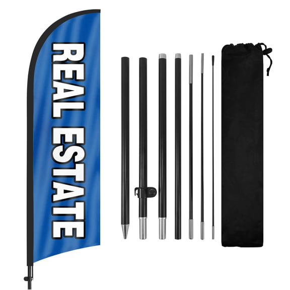 Real Estate Advertising Feather Flags Banner 8Ft, Real Estate Swooper Flag with Pole and Ground Stake, Advertising Feather Flag Signs for Real Estate Business Blue
