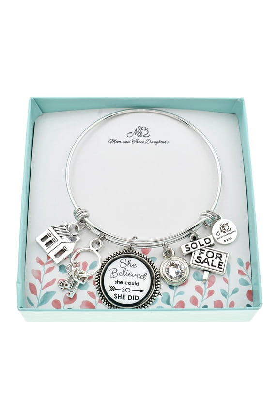 Real Estate Agent Bangle Bracelet in Silver Stainless Steel.