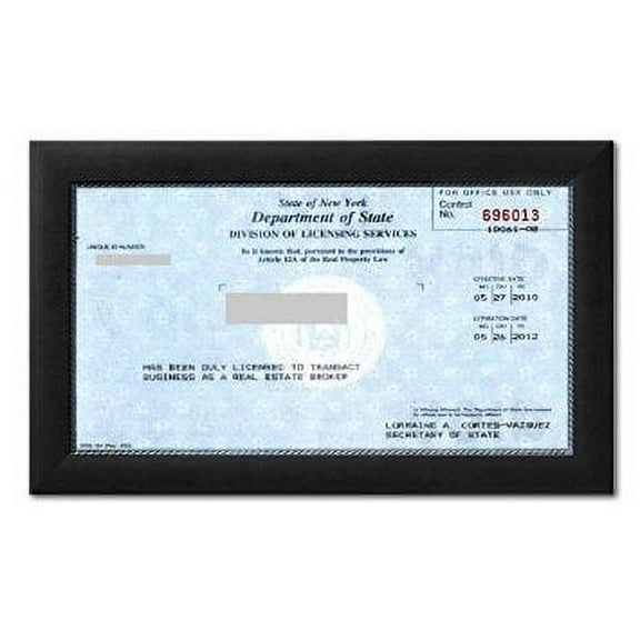 Real Estate License Certificate Wood Frame - 8.5 x 5.5 inches - Black Wood