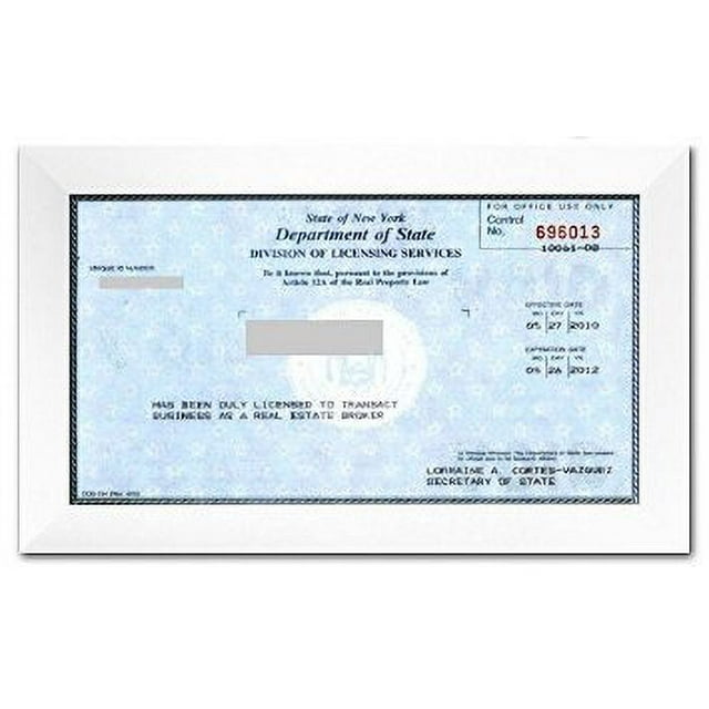 Real Estate License Certificate Wood Frame 8.5 x 5.5 inches White