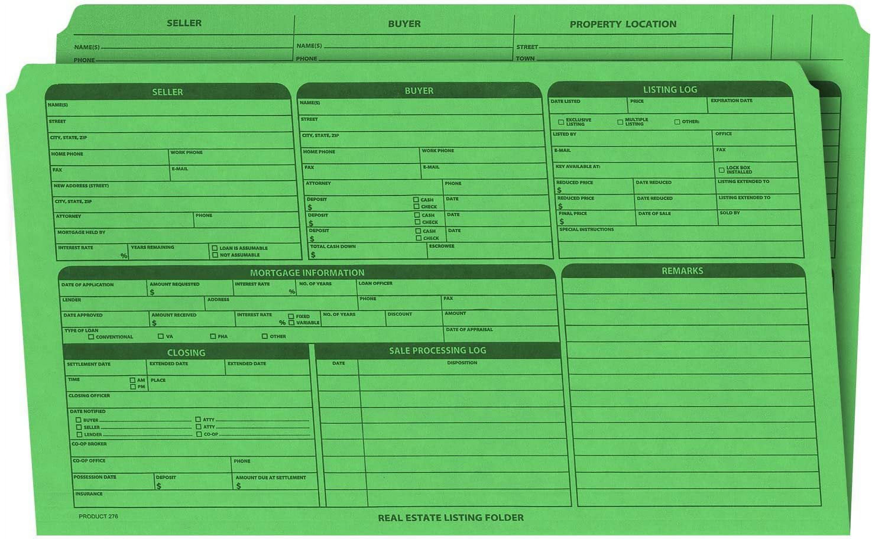 Real Estate Listing Folder  Right Panel List, Pre-Printed on Durable Card Stock with Closing Checklist and Color-Coded Dots for Organizing Green, Legal Size  Pack of 25
