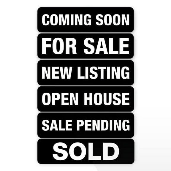 Real Estate Sign Riders | Set of 6 Aluminum (Metal) Printed Signs with Different Messages for Real Estate | 24 x 6 Inches | White with Black Text