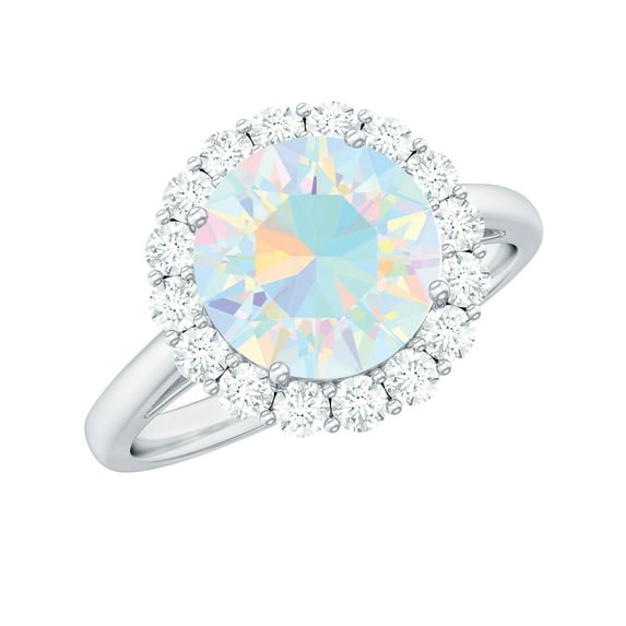 Real Ethiopian Opal Engagement Ring with Diamond Halo - Classic Round Opal Ring - 8 mm - AAA Quality, 14K White Gold, US 11.00