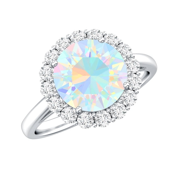 Real Ethiopian Opal Engagement Ring with Diamond Halo - Classic Round Opal Ring - 8 mm - AAA Quality, 18K White Gold, US 7.50