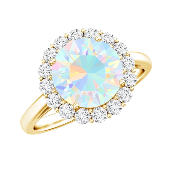 Real Ethiopian Opal Engagement Ring with Diamond Halo - Classic Round Opal Ring - 8 mm - AAA Quality, 18K Yellow Gold, US 5.00